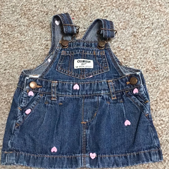 Infant Oshkosh Bigosh Demin Bib  dress with embroidery pink Hearts - Picture 1 of 5